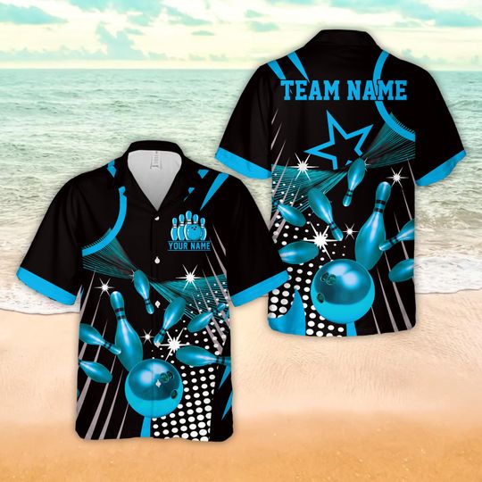 Personalized Name Starburst Dot Pattern Bowling Hawaiian Shirt, Custom Color Bowling Button Up Shirt For Bowler, Matching Bowling Team Shirt