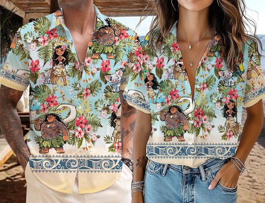 Disney Princess Hawaiian Shirt, Moana Hawaiian Shirt, Pua and Hei Hei Hawaiian Shirt, Disney Summer Shirt, Disney Tropical Hawaiian Shirt