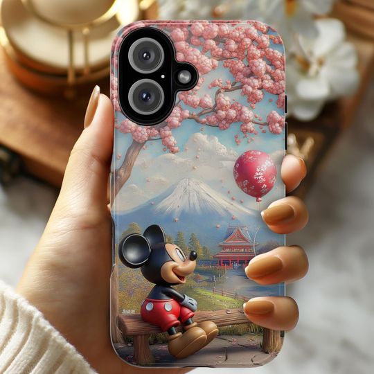 Cherry Blossom and Mountains Mickey Mouse Phone Case, Tokyo Disneyland Phone Cover for iPhone 16, 15, 14 Magsafe