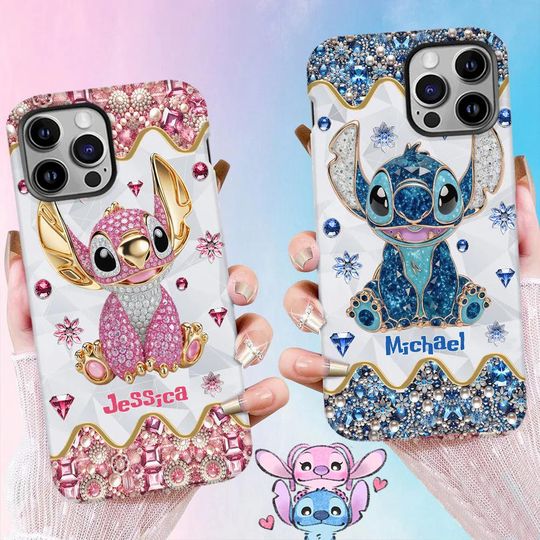 Crystal Ohana Personalized Monster Phone Case for iPhone  , Pink Blue Hawaii Cartoon Phone Case, Gift for Her, Valentine's Day