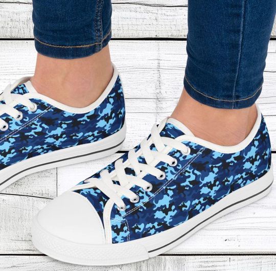 Women's Low Top Sneakers, Blue Camo, Casual Lace-Up, Walking, Everyday Wear, Breathable Canvas, Low Top Shoes, Fun, Unique, Stylish, Cute