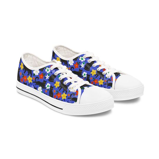 Black Kitty and Colorful Flowers Women's Low Top Sneakers