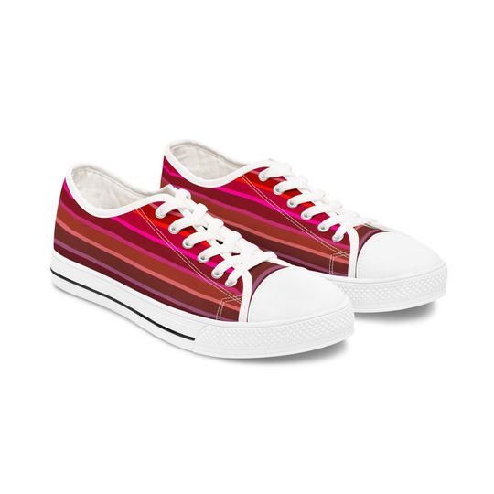 Striped Women's Sneakers, Red Pink Low Top Shoes for Her, Casual Slip-On Flats, Trendy Walking Footwear, Stylish Fashion Trainers