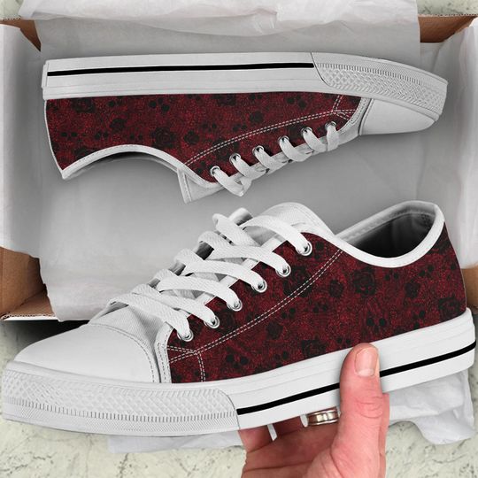 Red Rose Skulls Low Top shoes, Girlfriend Gifts for Her Custom Shoes Women Tie Sneakers Casual Shoes