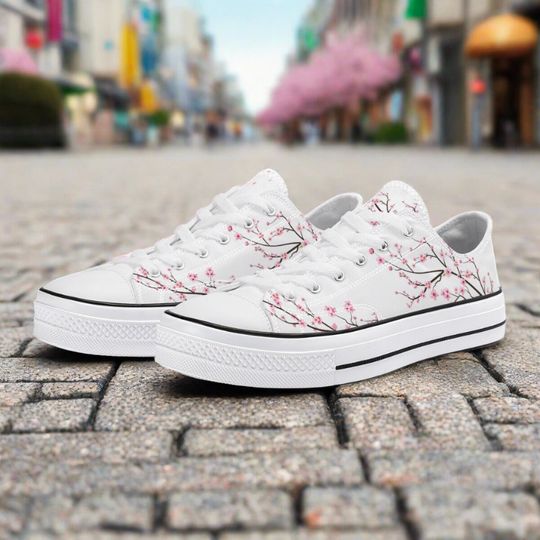Snow White Unisex Cherry Blossom flower Converse style Low tops, Original Sakura shoes for him, Women Low top sneakers, Kawaii shoes