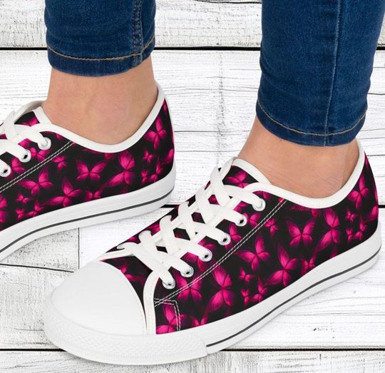 Women's Low Top Sneakers, Hot Pink Butterflies, Casual Lace-Up, Walking, Everyday Wear, Breathable Canvas, Low Top Shoes, Fun, Unique, Cute