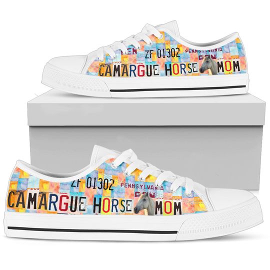 Women's Low Top Canvas Custom Shoes For Camargue horse Mom, Birthday Gifts for Her Casual Tie Sneakers