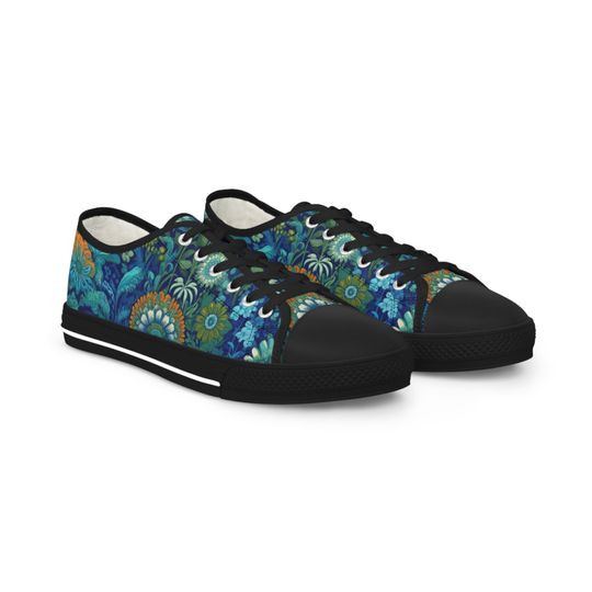 WILDFLOWER LOW TOPS - Blue & Green Wildflower Men's Classic Low Tops, Trendy Low Top Shoes, Casual Lace Up Shoes, Floral Sneakers for Gift