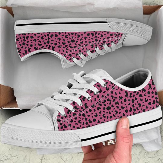 Muted Rose Leopard print Low Top Tie Sneakers, Mother's Day Gifts for Her Custom Casual Sneakers