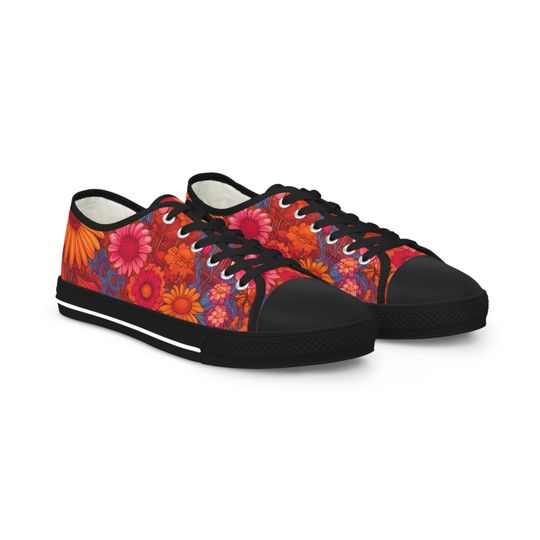 FLORAL HIGH TOPS - Pink & Orange Flowers Men Classic Low Tops Sneakers, Trendy Low Top Shoes, Flower Lace Up Sneakers, Canvas Sneakers Gift