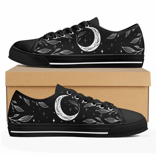 Moon Leaf Shoes Black, Low Tops Shoes, Sneakers, Celestial Sneakers, Women's Comfy Shoes, Men's Unisex