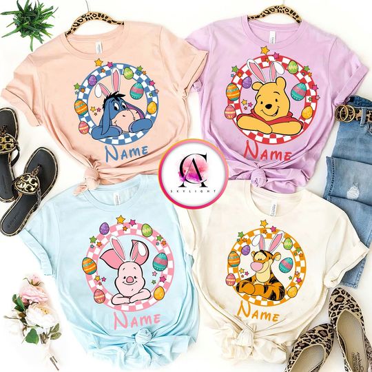 Personalized Multi Characters Checkered Winnie The Pooh Cute Bunnies Easter Shirt, Disneyland Family Matching Tee, Disneyland Trip Outfits