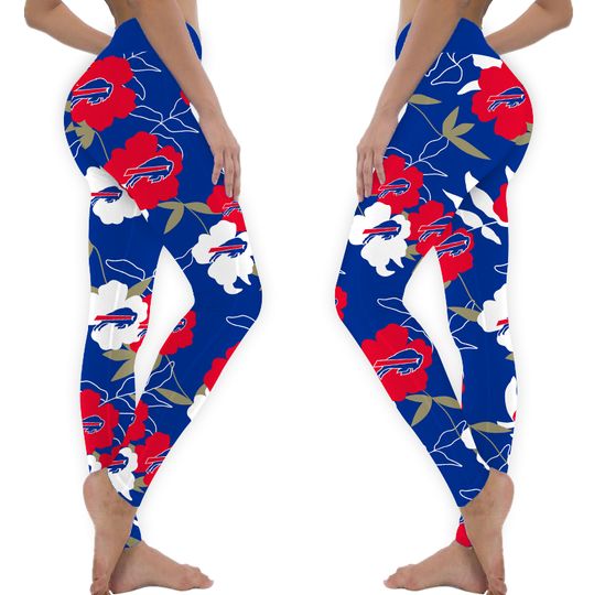 Bills Team Football Leggings Yoga Pants, Buffalo Floral Football Leggings, Game Day Football Leggings