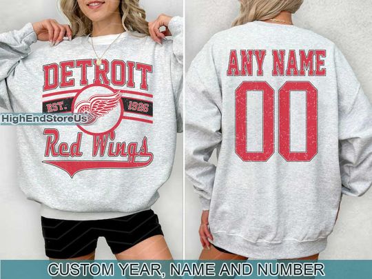 Vintage Detroit Hockey Sweatshirt, Detroit Red Wings crewneck, Detroit Hockey shirt, Custom Hockey Shirt, Hockey Number Shirt
