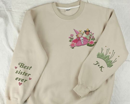 Custom Embroidered Charlotte Tiana Princess Sweatshirt, Best Sister Ever Embroidery, Personalized Name Initial on Sleeve,  Girl Trip