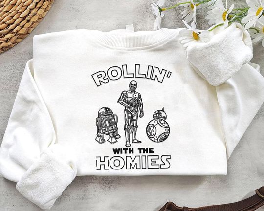 Embroidered Droid Bb8 CP30 R2D2 Rolling With The Homies Sweatshirt, Disney Star Wars Movie Embroidery, Disneyland Galaxy's Edge Trip