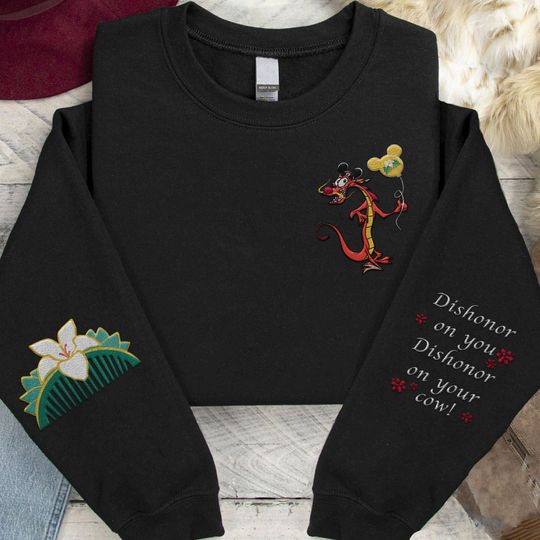 Embroidered Mushu Dragon Dishonor On Your Cow Sweatshirt, Retro  Mulan Embroidery Sweater