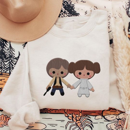 Embroidered Cute Han Solo Princess Leia Couple Cartoon Sweatshirt, Disney Star Wars Sweater, Happy Valentine's Day Gift For Him Her