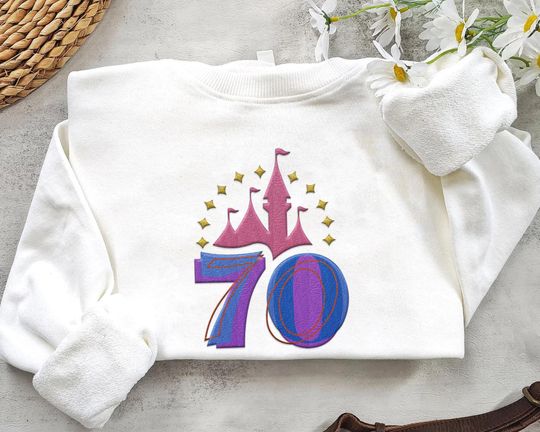 Embroidered 70Th Anniversary Disneyland Resort 1955 Sweatshirt, Disney Castle Platinum Celebration Embroidery Sweater, Magic Kingdom