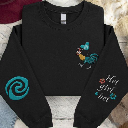 Embroidered Hei Girl Hei Sweatshirt, Retro  Moana Hei Hei Chicken Embroidery Sweater, Magic Kingdom Outfit