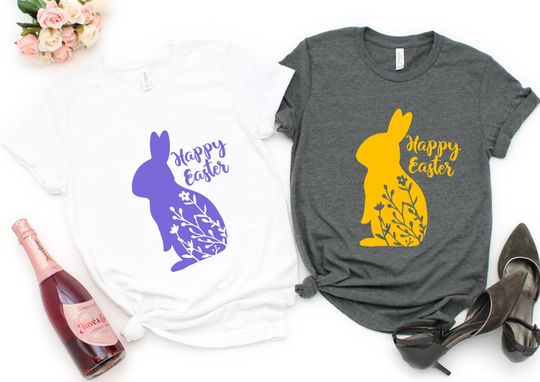 Cute Happy Easter Bunny Shirt, Custom Happy Easter Bunny Shirt, Personalized Happy Easter Short Sleeve Shirt, Happy Easter Women T Shirt