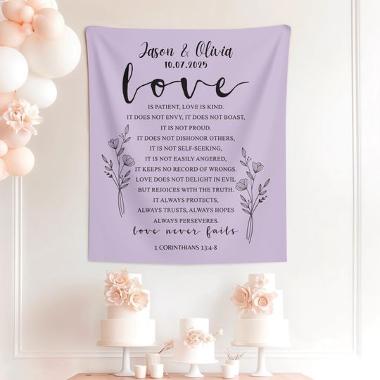 Personalized Wedding Tapestry, 1 Corinthians 13 Scripture Reception Decor, Photo Backdrop, Bridal Shower Gift