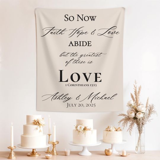 Personalized Wedding Tapestry, 1 Corinthians 13:13 Scripture Reception Decor, Photo Backdrop, Bridal Shower Gift