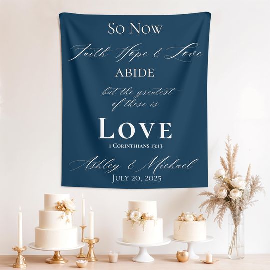 Personalized Wedding Tapestry, 1 Corinthians 13:13 Scripture Reception Decor, Photo Backdrop, Bridal Shower Gift