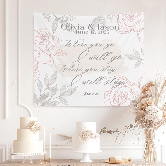 Personalized Wedding Tapestry, Custom Tapestry Christian Wedding Reception Decor, Floral Bridal Shower Banner, Newlywed Wedding Gift