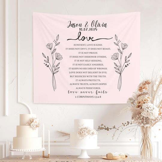 Personalized Wedding Tapestry, 1 Corinthians 13 Bible Verse Custom Wedding Ceremony Decor For Reception, Bridal Shower Backdrop