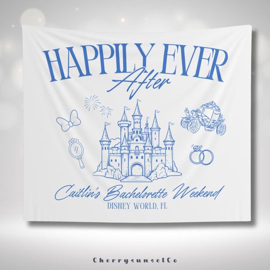 Happily Ever After Bachelorette Party Banner Custom Bachelorette Backdrop Florida Bridal Shower Decor Disney World Wedding PartyTapestry