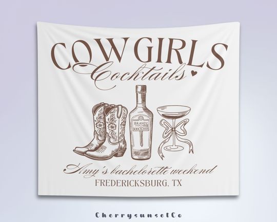 Cowgirls and Cocktails Bachelorette Party Decoration Banner Custom Tapestry Western Bridal Shower Backdrop Nashville Wedding Girls trip