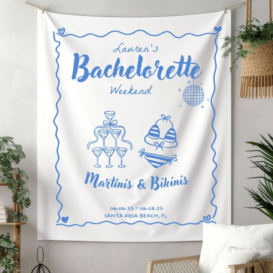 Martinis & Bikinis Bachelorette Party Banner Tapestry, Custom Bridal Shower Decor Beach Bachelorette Weekend Backdrop Coastal Wedding sign