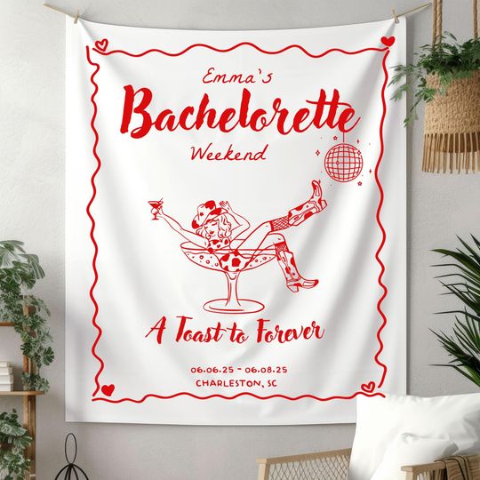 A Toast to Forever Bachelorette Party Banner Tapestry, Custom Cowgirl Bridal Shower Decor Western Bachelorette Weekend Backdrop Wedding sign