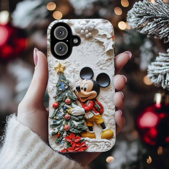 Xmas Mickey Mouse 3D effect Phone Case, Cartoon Design, Mickey Christmas Tree Phone Case for iPhone 16 15 Magsafe
