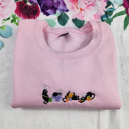 Embroidered Easter Black Cats Sweatshirt, Easter Cute Cat Sweater, Easter Egg Hunt Cat Tee, Embroidery Sweatshirt For Her, Gifts for Easter