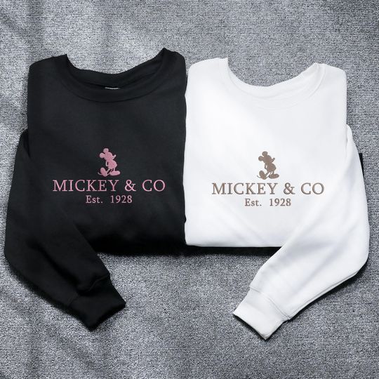 Embroidered Monochrome Couple's Mickey Mouse & Co Sweatshirt Disney Couple Embroidered Sweatshirt Embroidered Sweater