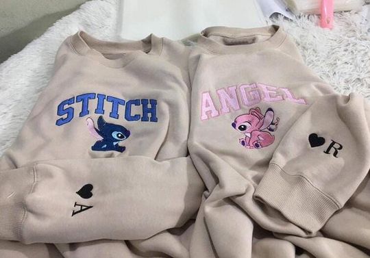 Stit.ch And Angel Embroidered Couple Sweatshirt, Anniversary Embroidered Sweatshirt Hoodie, Valentines Day Gift, Stitch Embroidery Shirt