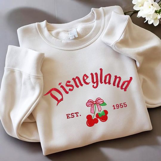 Disneyland Pink cherry embroidered Crewneck, Disneyland Embroidered Sweatshirt,Disneyland sweethearts nite Disney Embroidered sweatshirt.