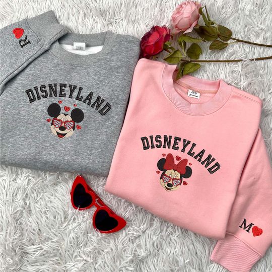 Valentine Embroidered Sweatshirt, Mouse Cartoon Embroidered Shirt, Valentine Cartoon Mouse Girl Embroidered Sweaters, Couple Sweatshirt
