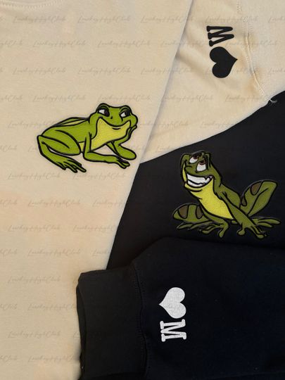Tiana Naveen Embroidered Sweatshirt Hoodie, Princess The Frog Embroidered Hoodie, Custom Name Sleeve Embroidery Sweater,Disney Couple Hoodie