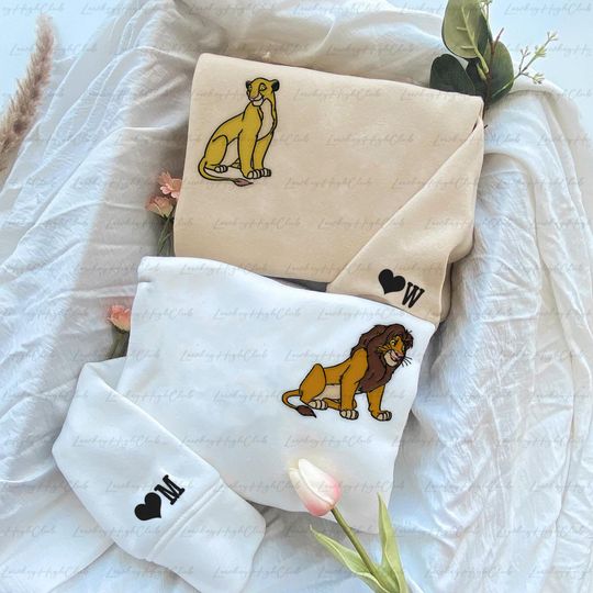 Simba Nala Embroidered Sweatshirt Hoodie, Disney Lion King Embroidered Hoodie, Custom Name Sleeve Embroidery Sweater, Disney Couple Hoodie