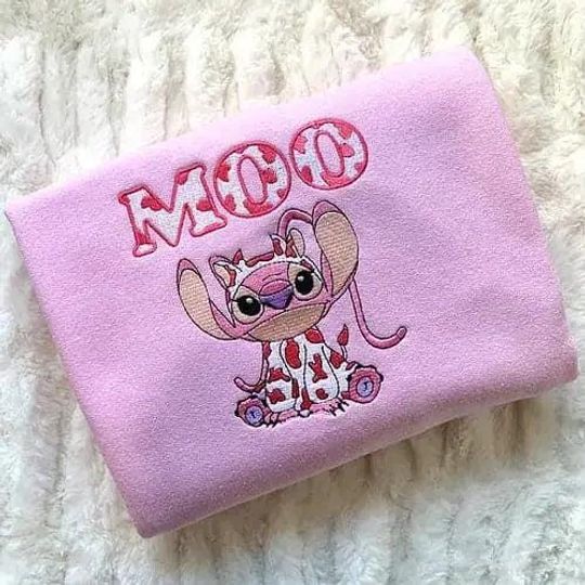 Disney Angel Moo Cow Embroidered Shirt, Stitch Embroidery Hoodie, Cute Stitch Sweatshirt, Magic Kingdom Gift, Cartoon Jumper