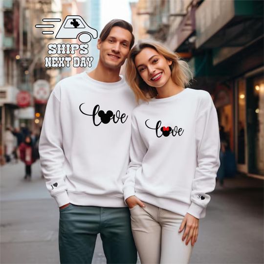 Custom Couple Sweatshirt | Embroidery Minnie Mickey Mouse with Initial on Sleeve Sweatshirt | Personalized Valentines Day Gift for Couples.