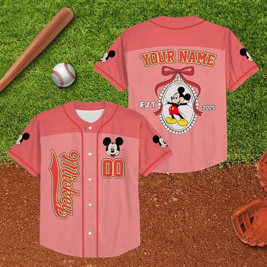Discover Personalize Disney Mickey Mouse Baseball Jersey, Mickey Bow Ribbon Baseball Jersey, Custom Name and Number Coquette Disney Mickey Jersey