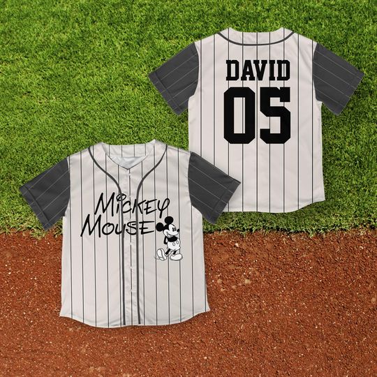 Discover Personalize Disney Mickey Mouse Sample Striped Grey Baseball Jersey, Custom Kid Youth Adult Baseball Family Team Jersey, Mickey Mouse Jersey
