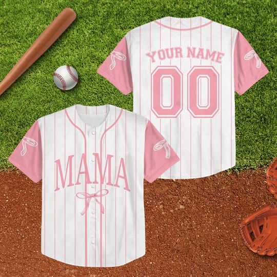 Custom Name Mama Pink Bow Baseball Jersey for Mom and Daughter, Coquette Mama Baseball Shirt, Personalized Family Jersey, Mother's Day Shirt