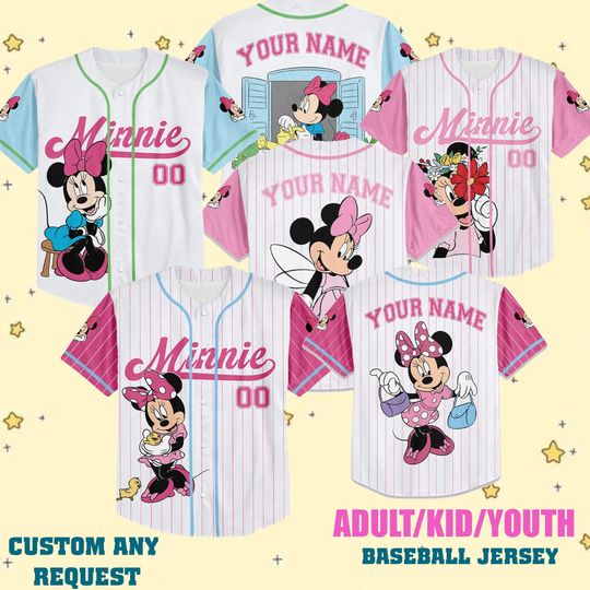 Discover Custom Minnie Collection Baseball Jersey, Baseball Shirt Sports, Birthday Gift, Magic Kingdom Family Summer Trip Matching Jersey