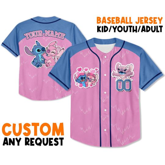Custom Disney Stitch And Angel Baseball Jersey, Couple Lovers Shirt, Stitch And Angel Jersey, Disney Cartoon Baseball Gift, Disneyland trip