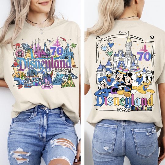 2 sided Disneyland 70th anniversary shirt, Mickey & friends Disneyland castle Platinum Celebration 1955-2025, Disneyland Resort 2025 shirt